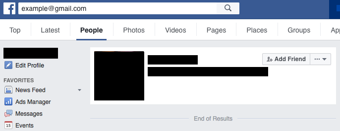 email results example from Facebook search